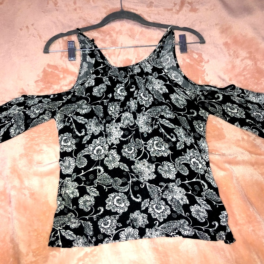 Black and white floral off-shoulder blouse